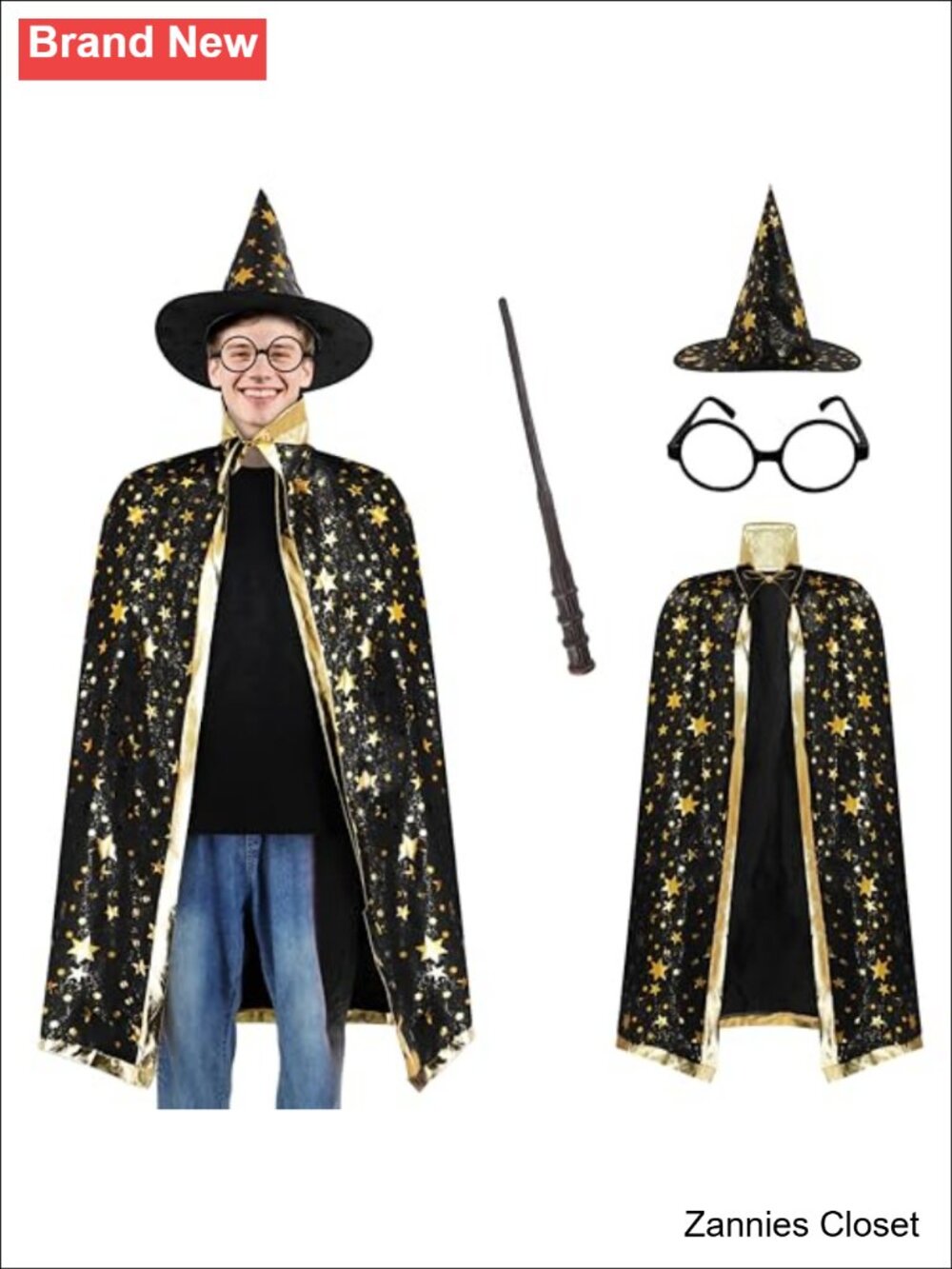 👻 Adult Wizard Cape Costume Set with Hat Wand Eyeglasses Halloween Cosplay